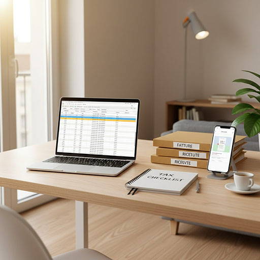 Organised Italian freelancer desk with tax checklist, invoices and bookkeeping tools.