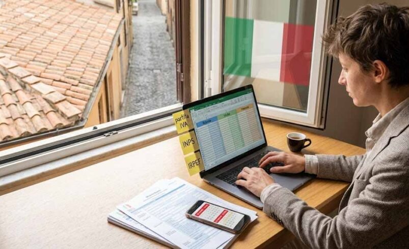 Freelancer in Italy planning taxes at a laptop with Italian forms, calendar, coffee and a subtle Italian flag in the background.