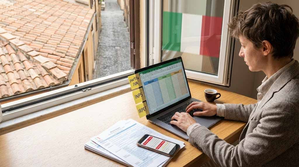 Freelancer in Italy planning taxes at a laptop with Italian forms, calendar, coffee and a subtle Italian flag in the background.