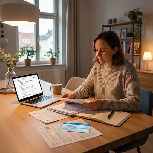 International resident in Germany reviewing health insurance documents and residence papers at a kitchen table with a laptop.