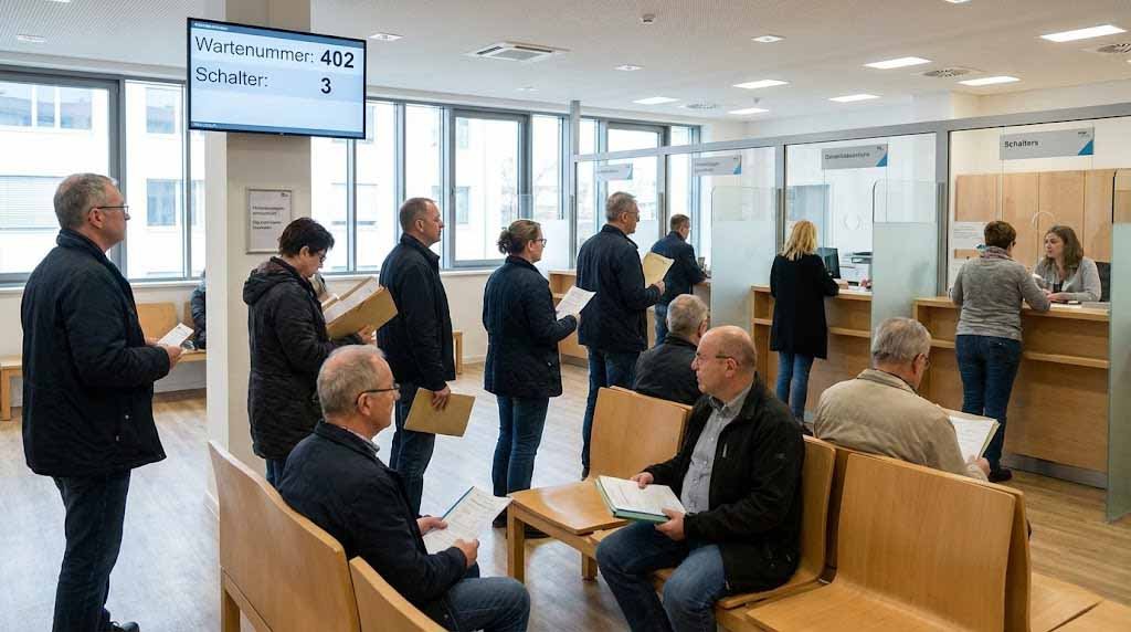 People of different nationalities waiting with document folders inside a German public administration office to handle immigration and business paperwork.