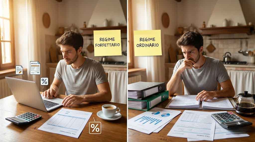 Italian freelancer comparing regime forfettario and regime ordinario at home desk.