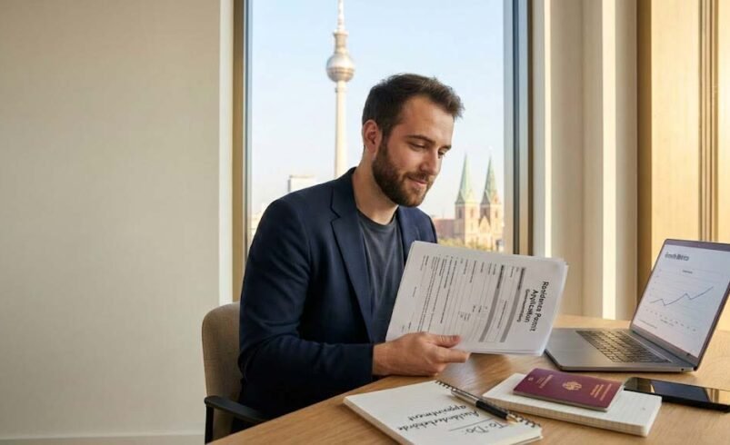 International tech founder in Germany reviewing startup visa, residence and business registration documents at a desk with a city skyline outside the window.