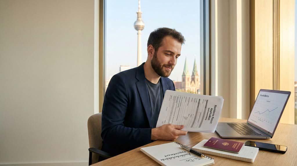 International tech founder in Germany reviewing startup visa, residence and business registration documents at a desk with a city skyline outside the window.