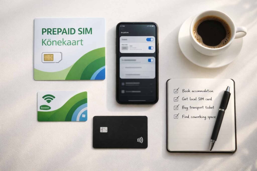 Prepaid Kõnekaart SIM card and Ühiskaart public transport card setup for a one-month stay in Estonia.